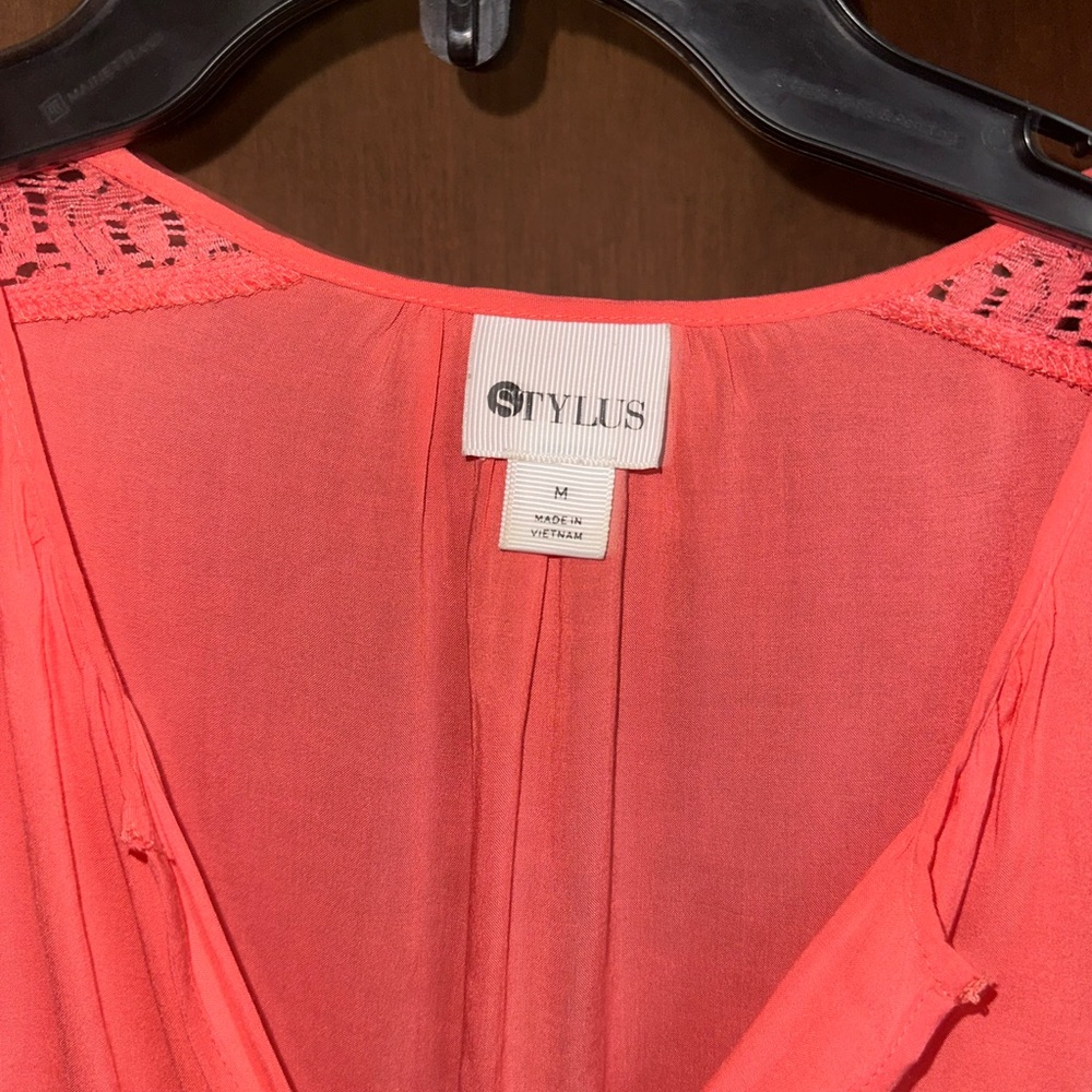 STYLUS Vibrant Coral Top with Lace Accents